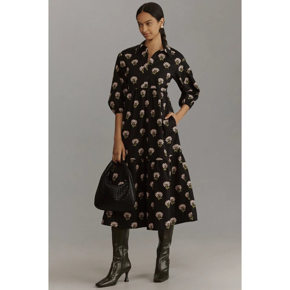 NWT Anthropologie Maeve Bettina in Black Floral Cotton Shirt Dress XXS Petite